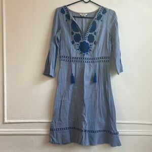 Boden Blue Long Sleeve Cotton Dress with Embroidery. Made in India 🇮🇳